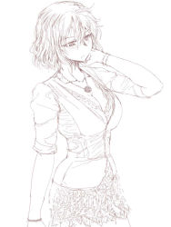 Rule 34 | 1girl, alternate costume, breasts, cleavage, commentary request, contemporary, cowboy shot, greyscale, hair between eyes, haji (hajiko), hand up, jewelry, kazami yuuka, large breasts, monochrome, necklace, short hair, short sleeves, simple background, skirt, solo, touhou, white background