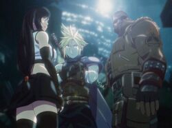 Rule 34 | 1girl, 2boys, arm tattoo, armor, bare shoulders, barret wallace, belt, black gloves, black hair, black skirt, black thighhighs, blonde hair, blue eyes, blurry, blurry background, breasts, brown vest, buster sword, closed mouth, cloud strife, commentary, cowboy shot, crop top, crossed arms, dark-skinned male, dark skin, earrings, elbow gloves, final fantasy, final fantasy vii, final fantasy vii remake, fingerless gloves, from below, gloves, highres, jewelry, large breasts, lips, long hair, low-tied long hair, matthewb64, midgar, midriff, multiple belts, multiple boys, outdoors, red eyes, shinra hq, short hair, shoulder armor, signature, single bare shoulder, skirt, spiked hair, standing, sunglasses, suspender skirt, suspenders, sweater, tank top, tattoo, thighhighs, tifa lockhart, turtleneck, turtleneck sweater, vest, weapon, weapon on back, white tank top, zettai ryouiki