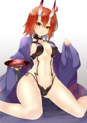 Rule 34 | 1girl, ahoge, alcohol, bare legs, breasts, closed mouth, collarbone, commentary request, cosplay, cup, eyebrows, fate/grand order, fate (series), fujimaru ritsuka (female), gradient background, hair between eyes, highres, holding, holding clothes, holding cup, horns, japanese clothes, kimono, looking at viewer, medium breasts, navel, orange hair, revealing clothes, rkp, sakazuki, sake, short hair, shuten douji (fate), shuten douji (fate) (cosplay), shuten douji (first ascension) (fate), sitting, skin-covered horns, solo, yellow eyes