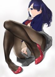 Rule 34 | 1girl, beige sweater, black pantyhose, blue cardigan, blue eyes, blue hair, blush, bow, bowtie, cardigan, collared shirt, covering privates, covering crotch, full body, gradient background, grey skirt, hand up, head tilt, high heels, highres, long hair, long sleeves, looking at viewer, miru tights, mole, mole under eye, nakabeni yua, original, pantyhose, parted lips, pumps, red bow, red bowtie, red footwear, shirt, shoes, simple background, sitting, skirt, solo, stiletto heels, thighband pantyhose, white shirt, yomu (sgt epper)