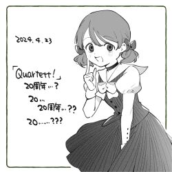 Rule 34 | 1girl, anniversary, bow, bowtie, choker, commentary request, dated, greyscale, juliet sleeves, juni argiano, juuami, long sleeves, looking at viewer, monochrome, open mouth, puffy sleeves, quartett!, shirt, short hair, short twintails, sketch, skirt, smile, solo, twintails, vest
