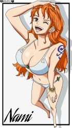 Rule 34 | 1girl, bikini, bracelet, breasts, brown eyes, character name, darkuro 27, earrings, female focus, from above, full body, hand on head, jewelry, large breasts, long hair, nami (one piece), one eye closed, one piece, open mouth, orange hair, smile, swimsuit, tagme, tattoo, wink
