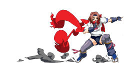 Rule 34 | 1girl, androgynous, aq interactive, arcana heart, arm guards, atlus, black thighhighs, blonde hair, brown eyes, brown hair, buruma, covered mouth, examu, fighting stance, headband, konoha (arcana heart), legs apart, looking at viewer, ninja, outstretched arm, paw print, red scarf, scarf, shirt, short sleeves, simple background, sketch, smoke, solo, tabi, thighhighs, white background, white shirt