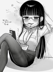 Rule 34 | 1girl, against wall, arm behind head, bags under eyes, blunt bangs, blush, breast pocket, breasts, cellphone, cigarette, cigarette pack, commentary request, crossed legs, dress shirt, feet out of frame, glasses, greyscale, half-closed eyes, highres, id card, lanyard, large breasts, long hair, looking at viewer, mask, mask pull, messy hair, miniskirt, monochrome, mouth mask, musical note, pantyhose, pencil skirt, phone, pocket, semi-rimless eyewear, sharp teeth, shinigami dot com, shirt, sitting, skirt, sleeves rolled up, smartphone, smile, smoke, smoking, solo, surgical mask, teeth, toukyou tama, translation request, yasashii naizou