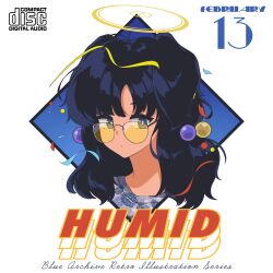 Rule 34 | 1990s (style), 1girl, animal ears, black hair, blue archive, dog ears, glasses, grey eyes, halo, hibiki (blue archive), highres, hrna, long hair, looking at viewer, portrait, retro artstyle, solo, sunglasses, tinted eyewear, yellow-tinted eyewear, yellow halo
