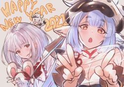 Rule 34 | 2021, 2girls, animal ears, animal print, bare shoulders, bikini, blue hair, blush, breasts, catura (granblue fantasy), cleavage, cow, cow ears, cow girl, cow hat, cow horns, cow print, detached collar, detached sleeves, draph, ear piercing, fake animal ears, granblue fantasy, hair ornament, hairband, hairclip, happy new year, highres, horns, large breasts, long hair, looking at viewer, mouse ears, multiple girls, new year, open mouth, orange hair, piercing, pointy ears, red eyes, sassakntm, see-through, shirt, short hair, small breasts, smile, swimsuit, thighs, unworn hairband, vikala (granblue fantasy), white bikini, white hair, white shirt, wide sleeves