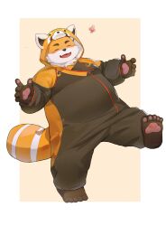 Rule 34 | 1boy, bara, barefoot, belly, blush, closed eyes, cosplay, fang, fat, fat man, flower, fox boy, furry, furry male, guantoubaobao, highres, iyo (tamacolle), kigurumi, male focus, official alternate costume, open mouth, pawpads, red panda costume, smile, tamacolle