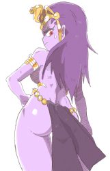 Rule 34 | 1girl, ass, backboob, bare shoulders, breasts, circlet, colored skin, egyptian clothes, hair down, hand on own hip, inkerton-kun, large breasts, long hair, looking at viewer, looking back, pout, purple hair, purple skin, red eyes, risky boots, shantae (series), simple background, solo, sweatdrop, thighs, white background