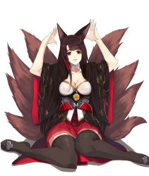 Rule 34 | 1girl, akagi (azur lane), animal ears, azur lane, black hair, blush, breasts, brown hair, cleavage, collarbone, fox ears, fox girl, fox tail, highres, japanese clothes, kimono, large breasts, lipgloss, lips, long hair, looking at viewer, milksasa, multiple tails, pleated skirt, red eyes, red lips, red skirt, sitting, skirt, smile, tail, wariza, wide sleeves
