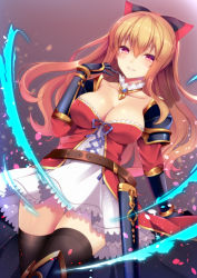 Rule 34 | 10s, 1girl, agekichi (heart shape), bad id, bad pixiv id, black thighhighs, blonde hair, breasts, cleavage, female focus, granblue fantasy, heart, heart-shaped pupils, large breasts, long hair, red eyes, skirt, smile, solo, symbol-shaped pupils, thighhighs, vira (granblue fantasy)