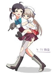 Rule 34 | 2girls, :d, absurdres, ahoge, asymmetrical bangs, bandaid, bandaid on face, blue eyes, boots, bow, bowtie, carrying, commentary request, cross-laced footwear, crying, from side, fujinami (kancolle), full body, gloves, grey hair, grey legwear, hair ribbon, hat, highres, holding, holding turret, kantai collection, kitagawa (ktgw 116), lace-up boots, long hair, low twintails, mikura (kancolle), multiple girls, open mouth, pantyhose, piggyback, pleated skirt, puffy short sleeves, puffy sleeves, purple hair, red skirt, ribbon, sailor collar, sailor hat, sailor shirt, school uniform, serafuku, shirt, short sleeves, side ponytail, skirt, smile, torn clothes, torn legwear, torn shirt, torn skirt, turret, twintails, walking, white gloves, white ribbon, white shirt, yellow eyes