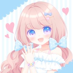 Rule 34 | 1girl, :d, blue bow, blue eyes, blush, bow, collarbone, commentary, fingernails, hair bow, hair ornament, hairclip, hands up, head tilt, heart, heart hair ornament, heart in eye, himetsuki luna, jewelry, light brown hair, long hair, looking at viewer, nail art, nail polish, necklace, off-shoulder shirt, off shoulder, open mouth, original, own hands together, pearl necklace, polka dot, polka dot bow, shirt, smile, solo, striped, striped background, symbol in eye, upper body, vertical stripes, white shirt