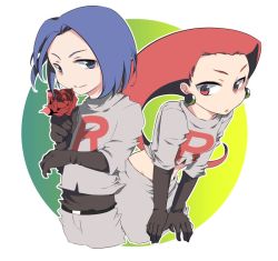 Rule 34 | 1boy, 1girl, bad id, bad pixiv id, blue hair, c (dtmd), clothes writing, creatures (company), flower, game freak, hair slicked back, james (pokemon), jessie (pokemon), nintendo, no bangs, no nose, pokemon, pokemon (anime), red hair, rose, simple background, team rocket