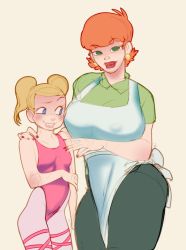 Rule 34 | 2girls, apron, ballerina, blonde hair, blue eyes, blush, bob cut, braces, breasts, child, covered erect nipples, cowboy shot, dee dee, dexter&#039;s laboratory, dexter&#039;s mom, earrings, fingernails, gloves, green eyes, green shirt, hand on shoulder, highres, holding own arm, jewelry, large breasts, leotard, lipstick, looking at viewer, mahmapuu, makeup, mature female, mother and daughter, multiple girls, nail polish, no pupils, orange hair, pants, pink leotard, raised eyebrow, red hair, red lips, red nails, shirt, short hair, simple background, sketch, small breasts, smile, standing, teeth, thick thighs, thighs, twintails, yuri