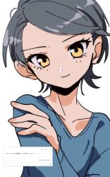 1girl blue_shirt grey_hair highres looking_at_viewer medalist_(manga) mole mole_under_eye nzeneee ogumo_ran shirt short_hair sketch smile solo upper_body yellow_eyes