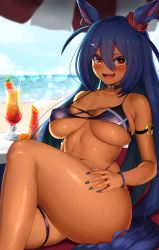 Rule 34 | 1girl, absurdres, animal ears, b-pang, bad id, bad pixiv id, bikini, black bikini, blue hair, blue nails, breasts, carrot, covered erect nipples, crossed legs, curvy, dark-skinned female, dark skin, day, fang, hair between eyes, highres, hishi amazon (umamusume), horse ears, horse girl, horse tail, huge filesize, large breasts, long hair, looking at viewer, nail polish, open mouth, outdoors, red eyes, sitting, smile, solo, summer, sweat, swimsuit, tail, thick thighs, thighs, umamusume, underboob, very long hair