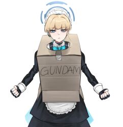 Rule 34 | 1girl, apron, black dress, black gloves, blonde hair, blue archive, blue bow, blue bowtie, blue eyes, bow, bowtie, box, cardboard box, cardboard box gundam, clenched hands, closed mouth, collared shirt, dress, earpiece, fingerless gloves, gloves, halo, jeremy song, looking at viewer, maid headdress, microphone, shirt, short hair, simple background, solo, toki (blue archive), upper body, white background, white shirt