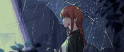 Rule 34 | 1girl, black coat, blood, blood on face, braid, braided ponytail, breasts, chainsaw man, champi, coat, collared shirt, formal, highres, holding, holding umbrella, leaf, long hair, looking to the side, makima (chainsaw man), medium breasts, moonlight, muted color, power lines, rain, red hair, ringed eyes, shadow, shirt, sidelocks, smile, solo, suit, transparent, transparent umbrella, umbrella, water drop, white shirt, yellow eyes