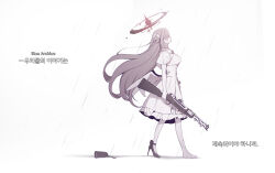 1girl absurdres blue_archive cape dress gun hair_between_eyes hair_bun hair_ornament hair_scrunchie high_heels highres holding holding_gun holding_weapon injury kyoto_mogu lanchester_smg long_hair looking_up mika_(blue_archive) no_eyes pantyhose rain ribbon rifle scratches scrunchie shoes single_shoe submachine_gun thighhighs torn_clothes torn_thighhighs weapon white_cape white_dress white_pantyhose white_ribbon