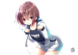 Rule 34 | :o, air bubble, blue one-piece swimsuit, blush, brown eyes, brown hair, bubble, collarbone, cosplay, covered navel, cowboy shot, gradient hair, hood, hooded jacket, jacket, kamiya yuuji, kantai collection, long sleeves, looking at viewer, multicolored hair, mutsuki (kancolle), name tag, old school swimsuit, one-piece swimsuit, school swimsuit, short hair, simple background, solo, swimsuit, swimsuit under clothes, white background, white jacket, yukikaze (kancolle), yukikaze (kancolle) (cosplay)