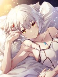 Rule 34 | 1girl, animal ear fluff, animal ears, bare shoulders, breasts, cat ears, chest jewel, closed mouth, collarbone, commentary, core crystal (xenoblade), grey hair, hair between eyes, highres, looking at viewer, lying, medium breasts, mio (xenoblade), on bed, pillow, shirt, short hair, sleeveless, sleeveless shirt, smile, solo, ui frara, white shirt, xenoblade chronicles (series), xenoblade chronicles 3, yellow eyes