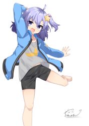 Rule 34 | 1girl, absurdres, ahoge, bare legs, barefoot, black shorts, blue jacket, commentary request, foot out of frame, gradient hair, grey shirt, hair between eyes, hair ornament, highres, jacket, long sleeves, looking at viewer, moon, multicolored hair, one side up, open mouth, purple eyes, purple hair, shinwota, shirt, short hair, shorts, signature, simple background, solo, star (symbol), star hair ornament, voiceroid, white background, yuzuki yukari