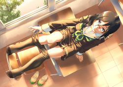 Rule 34 | 1girl, black hair, black pantyhose, blue eyes, blush, breasts, classroom, closed mouth, clothes pull, collarbone, desk, feet, from above, glasses, green neckerchief, hibike! euphonium, indoors, june (ne z asa), long hair, looking at viewer, looking up, medium breasts, neckerchief, on desk, pantyhose, pantyhose pull, school uniform, shiny skin, sitting, smile, solo, tanaka asuka