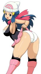 Rule 34 | 00s, 1girl, ass, bare shoulders, beanie, black socks, blue eyes, blue hair, blush, boots, breasts, clothes lift, creatures (company), dawn (pokemon), female focus, from behind, game freak, hair ornament, hairclip, hat, highres, jpeg artifacts, koutarosu, large breasts, leaning, leaning forward, long hair, looking at viewer, looking back, matching hair/eyes, miniskirt, nintendo, open mouth, panties, pink footwear, pink skirt, pokemon, pokemon dppt, red scarf, scarf, sideboob, simple background, skirt, skirt lift, sleeveless, socks, solo, underwear, white background, white panties