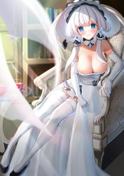 Rule 34 | 1girl, absurdres, azur lane, bare shoulders, black footwear, blue eyes, blunt bangs, blurry, blurry background, blurry foreground, blush, bookshelf, breasts, chair, cleavage, closed mouth, collarbone, curtains, day, detached collar, dress, earrings, elbow gloves, feathers, glass, glass table, gloves, hat, high heels, highres, illustrious (azur lane), indoors, jewelry, large breasts, leaning forward, light rays, long dress, looking at viewer, marumai, sidelocks, sitting, smile, solo, strapless, strapless dress, sunbeam, sunlight, table, thighhighs, white dress, white gloves, white hair, white thighhighs, zettai ryouiki