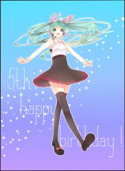 Rule 34 | 1girl, aqua hair, bare shoulders, black thighhighs, blue eyes, fang, hair ribbon, happy birthday, hatsune miku, headset, highres, long hair, miiiiiiii, open mouth, outstretched arms, ribbon, skirt, solo, thighhighs, twintails, vocaloid, zettai ryouiki