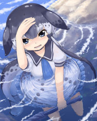 Rule 34 | 10s, 1girl, blowhole, blue eyes, blush, bow, cetacean tail, choker, commentary request, dress, fins, fish tail, frilled dress, frills, from above, grey hair, hair bow, hand on own head, hidarikata, kemono friends, multicolored hair, narwhal (kemono friends), neckerchief, polearm, puffy short sleeves, puffy sleeves, sailor dress, short hair, short sleeves, solo, spear, tail, weapon