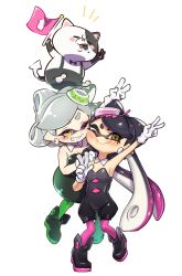 Rule 34 | + +, 2girls, ankle boots, black dress, black footwear, black hair, black jumpsuit, blush, boots, brown eyes, callie (splatoon), cat, cheek-to-cheek, collaboration, commentary request, cousins, detached collar, dress, face-to-face, flag, food, food on head, full body, gradient hair, green legwear, grey hair, grin, hand on another&#039;s shoulder, heads together, highres, holding, holding flag, inkling, judd (splatoon), jumpsuit, long hair, looking at viewer, marie (splatoon), mole, mole under eye, multicolored hair, multiple girls, nintendo, notice lines, object on head, one eye closed, pantyhose, pointy ears, puchiman, purple hair, purple legwear, short dress, short hair, short jumpsuit, simple background, smile, splatoon (series), splatoon 1, standing, strapless, strapless dress, sushi, tentacle hair, ueda kou, v, white background