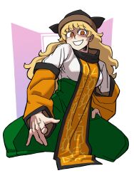 Rule 34 | 1girl, :d, absurdres, blonde hair, breasts, commentary, constellation print, eddybird55555, english commentary, green skirt, hand on own hip, hat, high-waist skirt, highres, large breasts, long hair, long sleeves, looking at viewer, matara okina, open mouth, orange eyes, ringed eyes, skirt, smile, solo, tabard, touhou, tricorne