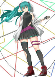 Rule 34 | 1girl, absurdres, aqua eyes, aqua hair, belt, blush, breasts, converse, fingerless gloves, gloves, hatsune miku, highres, long hair, medium breasts, microphone, microphone stand, shoes, single thighhigh, skindentation, skirt, smile, sneakers, solo, tattoo, thigh strap, thighhighs, thighs, torn clothes, torn thighhighs, twintails, untied footwear, vocaloid, wind, wind lift, zannai maoshiye, zettai ryouiki