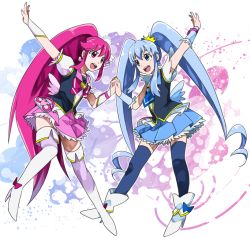 Rule 34 | 10s, 2girls, aino megumi, blue eyes, blue hair, blue skirt, blue thighhighs, boots, bow, brooch, cure lovely, cure princess, earrings, eyelashes, hair ornament, happinesscharge precure!, happy, harukawa, harukawa (aonori1022), heart, heart brooch, high heels, jewelry, long hair, looking at viewer, magical girl, multiple girls, open mouth, pink bow, pink eyes, pink hair, pink skirt, ponytail, precure, puffy sleeves, shirayuki hime, shirt, skirt, smile, thigh boots, thighhighs, thighs, twintails, wide ponytail, wrist cuffs, zettai ryouiki