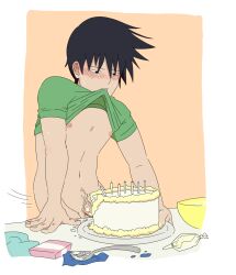 1boy aged_up birthday_cake black_hair blush bowl cake candle food highres homunculus100 kageyama_ritsu male_focus mob_psycho_100 nipples plate pubic_hair shirt solo spoon sweat table