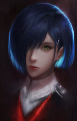 Rule 34 | 10s, 1girl, blue hair, closed mouth, darling in the franxx, green eyes, hair ornament, hair over one eye, hairclip, ichigo (darling in the franxx), lips, looking at viewer, nose, portrait, red lips, short hair, solo, viet le quoc