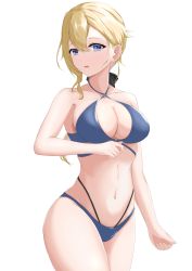 Rule 34 | 1girl, :d, absurdres, bare arms, bare shoulders, bikini, black bow, blonde hair, blue bikini, blue choker, blue eyes, bow, breasts, choker, cleavage, clenched hand, collarbone, commentary request, genshin impact, hair between eyes, hair bow, halterneck, highres, jean (genshin impact), large breasts, light blush, long hair, looking at viewer, multiple straps, navel, obanana (ahap7438), open mouth, ponytail, revision, sidelocks, simple background, smile, solo, swimsuit, white background