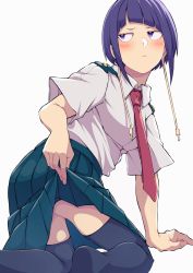 Rule 34 | 1girl, arm support, black thighhighs, blue eyes, blunt bangs, blush, boku no hero academia, breasts, closed mouth, collared shirt, commentary request, frown, highres, jirou kyouka, kobaji, long skirt, looking at viewer, medium breasts, necktie, pleated skirt, purple eyes, red necktie, school uniform, shirt, short hair, short sleeves, sideways glance, skirt, solo, thighhighs