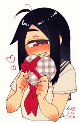 Rule 34 | 1girl, ahoge, black hair, blush, box, cropped torso, cyclops, dated, grey sailor collar, grin, heart, heart-shaped box, highres, holding, holding box, long hair, looking at viewer, muku-chan (muroku), muroku (aimichiyo0526), neckerchief, one-eyed, original, red eyes, red neckerchief, sailor collar, shirt, short sleeves, signature, simple background, smile, solo, upper body, valentine, white background, white shirt
