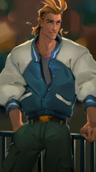 Rule 34 | 1boy, absurdres, adam&#039;s apple, against railing, belt, blonde hair, blue eyes, blue jacket, boku no hero academia, brown belt, commentary, cowboy shot, english commentary, freesilverwind, green pants, grey shirt, hands in pockets, highres, jacket, letterman jacket, looking to the side, male focus, pants, parted lips, railing, shirt, solo, yagi toshinori