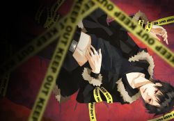 Rule 34 | 1boy, belt, black hair, blurry, caution tape, depth of field, durarara!!, dutch angle, hand on own stomach, jewelry, keep out, kurot, light smile, lying, male focus, navel, on back, orihara izaya, caution tape, red eyes, ring, short hair, solo