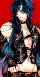 Rule 34 | 1boy, abs, alternate costume, black bridal gauntlets, black choker, black hair, black pants, black vest, blade (honkai: star rail), blue hair, bridal gauntlets, choker, cross, cross earrings, earrings, facing viewer, goth fashion, highres, honkai: star rail, honkai (series), jewelry, long hair, looking to the side, male focus, multicolored hair, muscular, necklace, open clothes, open vest, pants, parted lips, red background, red eyes, red hair, solo, teeth, tiredceles, vest