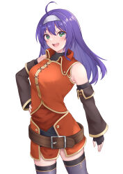 Rule 34 | 1girl, :d, ahoge, bare shoulders, belt, black gloves, blue hair, blush, cowboy shot, detached sleeves, fingerless gloves, fire emblem, fire emblem: path of radiance, fire emblem: radiant dawn, gloves, green eyes, grey thighhighs, hairband, hand on own hip, highres, long hair, looking at viewer, mia (fire emblem), nintendo, open mouth, simple background, smile, solo, takaneko, thighhighs, white background, white hairband