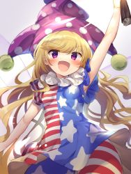 Rule 34 | 1girl, absurdres, american flag dress, american flag legwear, arm up, blonde hair, clownpiece, dress, fairy wings, hat, highres, holding, jester cap, long hair, looking at viewer, neck ruff, open mouth, pantyhose, polka dot, purple eyes, purple hat, shikasui, short sleeves, simple background, smile, solo, star (symbol), star print, striped, torch, touhou, very long hair, wavy hair, white background, wings