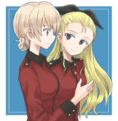 Rule 34 | 2girls, assam (girls und panzer), black ribbon, blonde hair, blue background, blue eyes, border, braid, closed mouth, commentary, darjeeling (girls und panzer), epaulettes, from side, gesture, girls und panzer, hair pulled back, hair ribbon, jacket, long hair, long sleeves, looking at another, military, military uniform, multiple girls, mutsu (layergreen), outside border, red jacket, ribbon, short hair, smile, st. gloriana&#039;s military uniform, uniform, white border