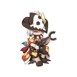 Rule 34 | 1boy, argyle, argyle clothes, argyle coat, baggy pants, black footwear, black hat, black pants, black scarf, black vest, blue scarf, boots, chibi, closed eyes, coat, double neck guitar, full body, guitar, hair between eyes, hat, holding, holding guitar, holding instrument, instrument, juliet sleeves, long bangs, long sleeves, male focus, minstrel (ragnarok online), music, no mouth, official art, pants, playing instrument, plume, polka dot, polka dot scarf, puffy sleeves, ragnarok online, red coat, red scarf, scarf, shirt, short hair, simple background, sitting, sitting on tree stump, solo, striped clothes, striped scarf, tachi-e, transparent background, vest, white hair, white scarf, white shirt, yuichirou