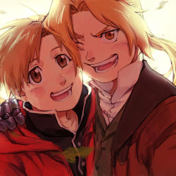Rule 34 | 2boys, absurdres, alphonse elric, blonde hair, blush, brothers, brown eyes, brown hair, cheek-to-cheek, cloak, conqueror of shambala, edward elric, fullmetal alchemist, hand on another&#039;s shoulder, heads together, highres, jacket, long hair, looking at viewer, multiple boys, aged up, one eye closed, open mouth, ponytail, siblings, skyfiss, smile, yellow eyes