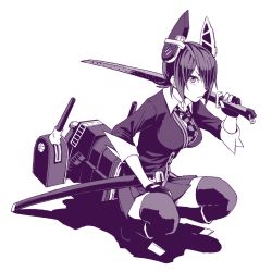 Rule 34 | 10s, 1girl, breasts, cardigan, checkered clothes, checkered necktie, checkered neckwear, dithering, fingerless gloves, gloves, hair over one eye, headgear, kantai collection, machinery, monochrome, necktie, over shoulder, scabbard, sheath, short hair, skirt, solo, squatting, sword, tenryuu (kancolle), thighhighs, watanore, weapon