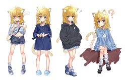 Rule 34 | &gt;:(, 1girl, absurdres, animal ear fluff, animal ears, black hoodie, blonde hair, blue eyes, blue footwear, blue shirt, blue shorts, blue sweater, blush, cat ears, cat girl, cat tail, child, crossed legs, daichi (daichi catcat), denim, denim shorts, frown, hands in pockets, highres, hood, hood down, hoodie, long sleeves, looking at viewer, medium hair, midriff, miniskirt, navel, no pants, original, oversized clothes, oversized shirt, pleated skirt, shirt, shoes, shorts, sitting, sketch, skirt, sleeves past elbows, sleeves past wrists, slippers, sneakers, spoken blush, squiggle, stomach, sweater, tail, tied shirt, v-shaped eyebrows, white skirt